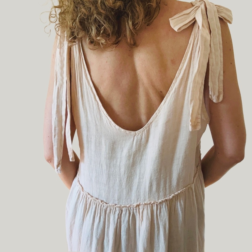 Beachwood Pink 100% Linen Tiered Tie Shoulder Midi Dress Made in Italy One Size - Picture 5 of 9